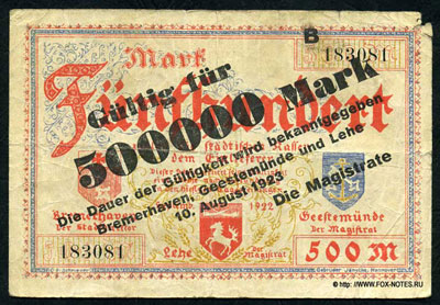 BREMERHAVEN, GEESTEMÜNDE und LEHE  500000 Mark 1923