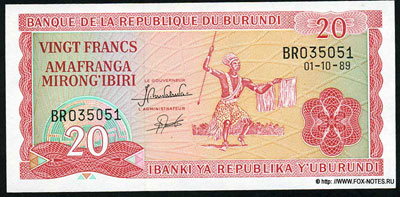 BANQUE DE LA RÉPUBLIQUE DU BURUNDI 20 francs 1989