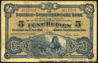 Deutsch-Ostafrikanische Bank 5 rupien 1905