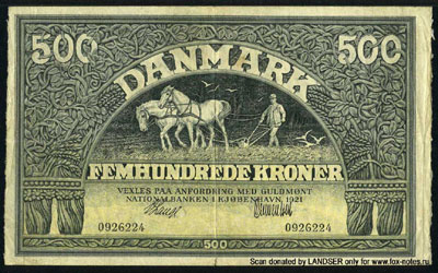 NATIONALBANKEN I KIØBENHAVN 500 kroner 1921