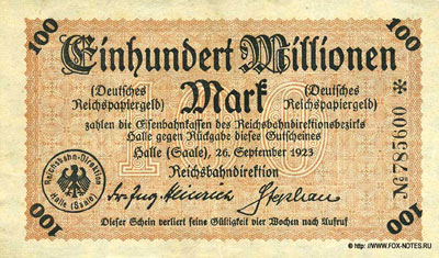 Reichsbahndirektion Halle (S) 100 millionen mark 1923