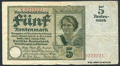 Deutschen Rentenbank. Rentenbankschein. 5 Rentenmark. 2. Januar 1926.  