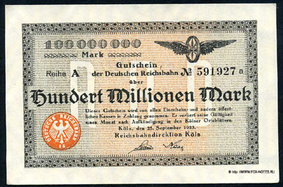 Reichsbahndirektion Köln 100 millionen 1923