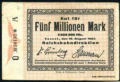 Reichsbahndirektion Cassel 5000000 mark 1923