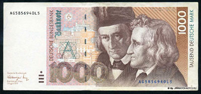 Deutsche Bundesbank 1000 Deutsche Mark 1991. БАНКНОТА ФРГ