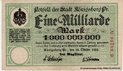 Notgeld der stadt Königsberg in Preußen 1000000000 Mark 1923
