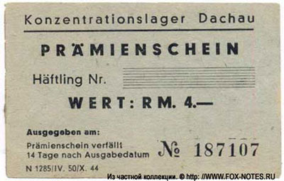 Konzentrationslager Dachau Pramienschein 4 preichsmark