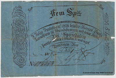 NORGES BANK Банкнота 5 далеров 1824