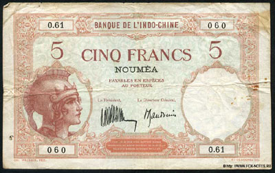 Banque de L'Indo-Chine, Noumea  5 francs 1926