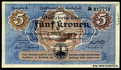 Stadtgemeinde Karlsbad Gutschein über 5 kronen 1918