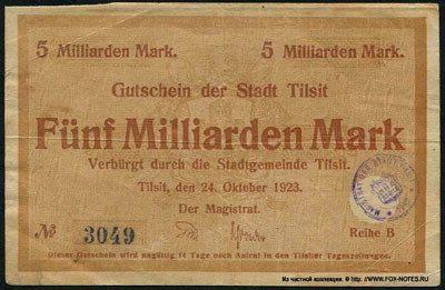Stadtgemeinde Tilsit 5 milliarden mark 1923