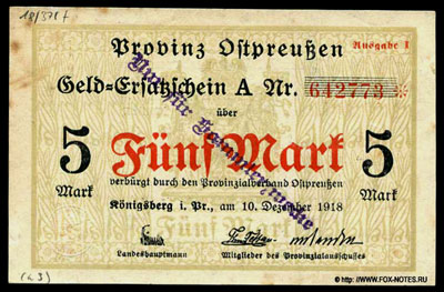 Provinzialverband Ostpreußen, Königsberg i. Pr. 5 Mark 1918