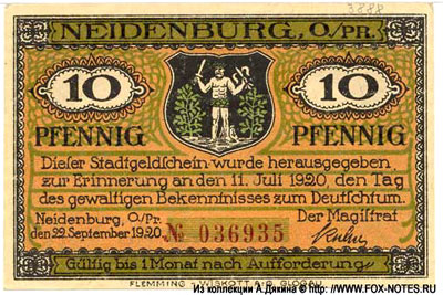 Magistrat Neidenburg, O./PR. Stadtgeldschein. 1920. 10 pfennig