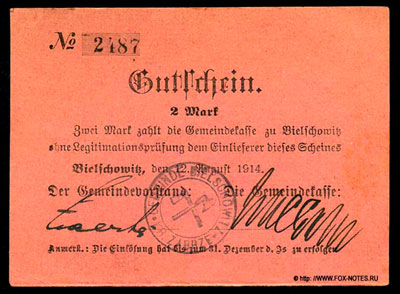 Gemeinde Bielschowitz Gutscheine. 1914. 2 Mark