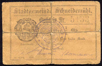 Schtadtgemeinde Schneidemühl 1/2 Mark 1916