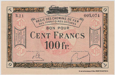 Regie des Chemins de fer des Territories Occupes 100 francs 1923
