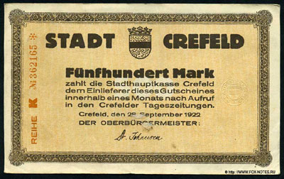 Stadthauptkasse Crefeld 500 Mark 1922