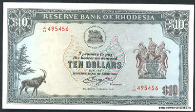 Reserve Bank of Rhodesia 10 dollars 1976