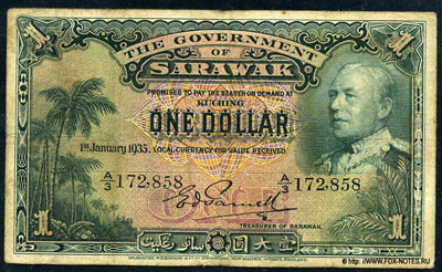 Governement Sarawak 1 dollar 1935. БАНКНОТА