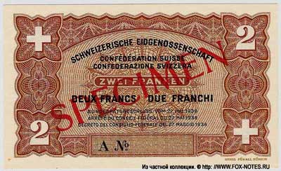 Schweizerische Eidgenössische 2 Zwei Franken 1938 SPECIMEN