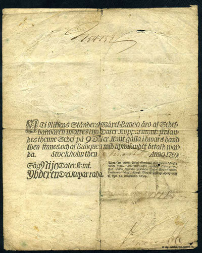 Швеция банкнота 9 даллеров 1769
