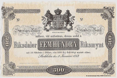 Швеция 500 риксдаллеров 1859