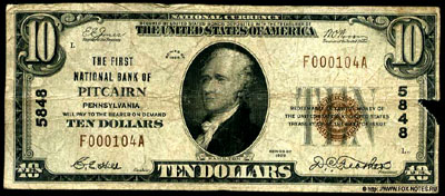 The First Nacional Bank of Pitcairn 10 dollars series 1929