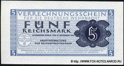 Verrechnungsscheine für die Deutsche Wehrmacht 5 reichsmark 1944