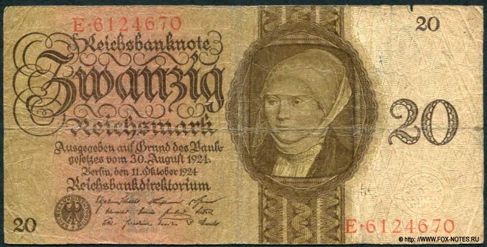 Reichsbank. Reichsbanknote. 20 Reichsmark. 11. Oktober 1924.