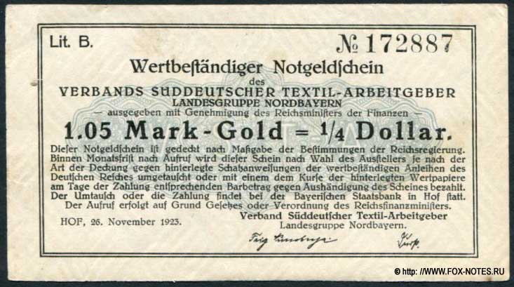 Hof, Wertbeständiges Notgeld. 1,05 Mark-Gold = 1/4 Dollar. 26. November 1923.