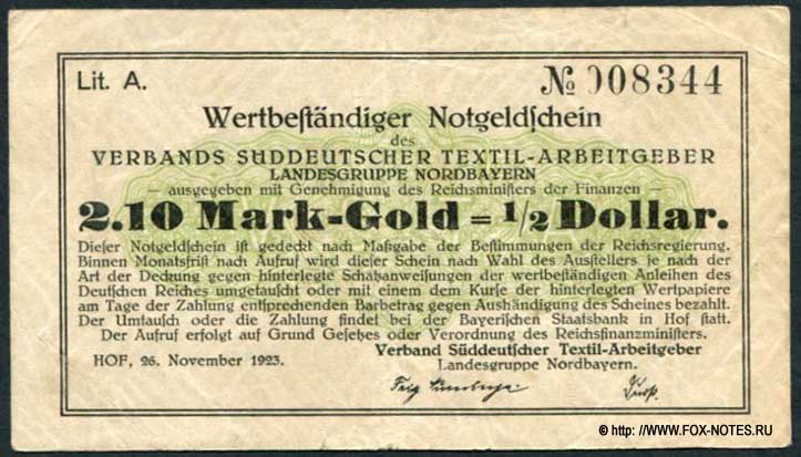Hof, Wertbeständiges Notgeld. 2,10 Mark-Gold = 1/2 Dollar. 26. November 1923.