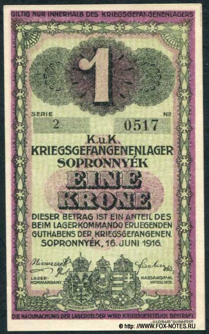 K. u K. Kriegsgefangenenlager Sopronnyék EINE Krone 1916