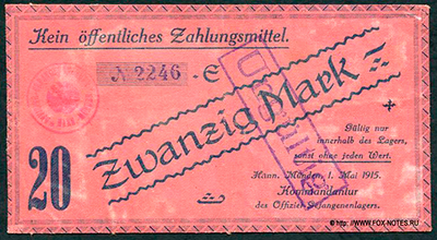 Offizier-Kriegsgefangenenlage Hannoversch Münden 20 Mark 1915.