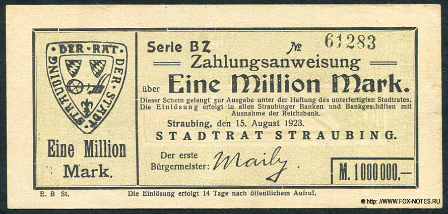 Stadt Straubing Zalungsanweisung 1 Million Mark. 15. August 1923.