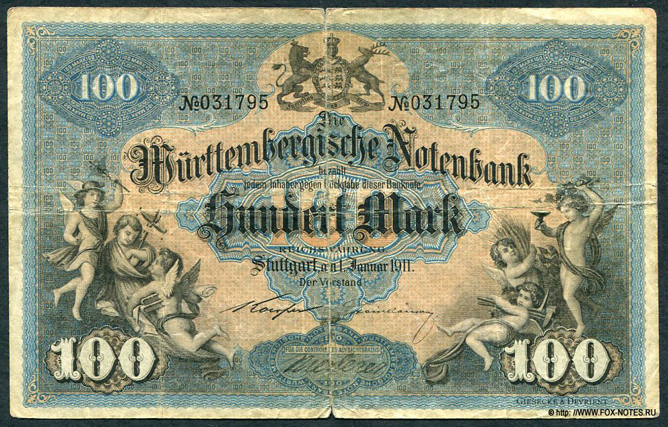 Württembergische Notenbank 100 Mark 1. Januar 1911. Koerper-Steinhäuser