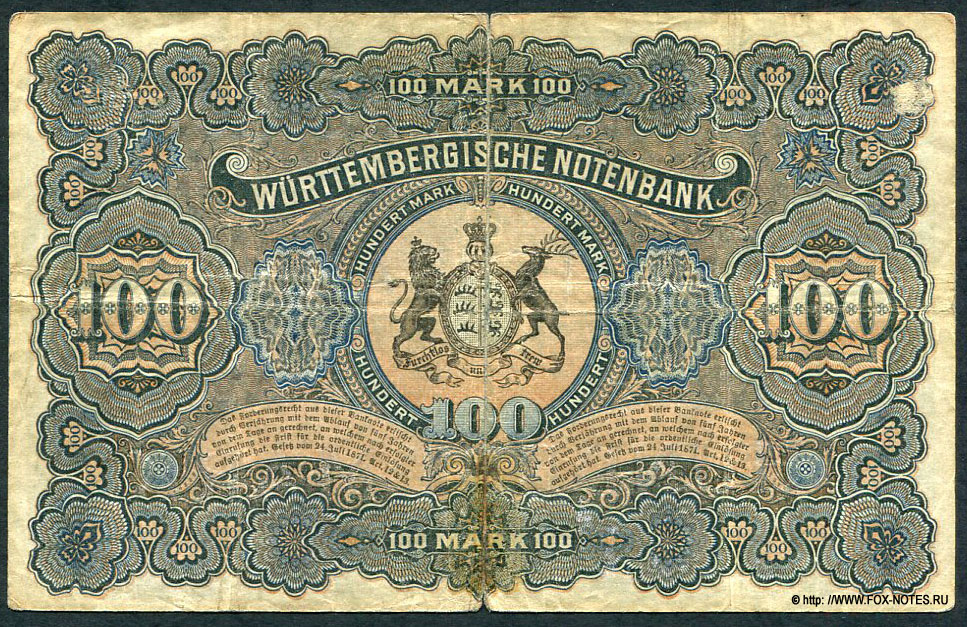 Württembergische Notenbank 100 Mark 1. Januar 1911. Koerper-Steinhäuser