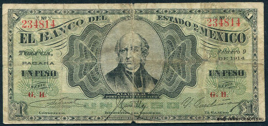 Banco del Estado de Mexico (México) 1 peso Febrero 9 DE 1914. Serie G.N.