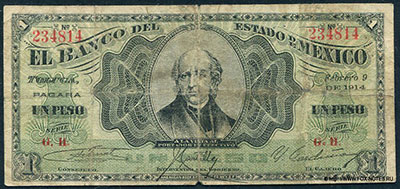 Banco del Estado de Mexico (México) 1 peso Febrero 9 DE 1914. Serie G.N.