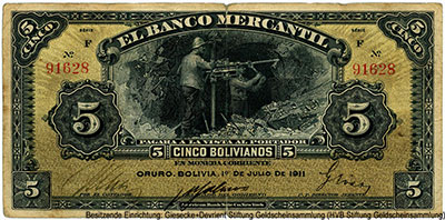 Banco Mercantil 5 Bolivianos. 1o De julio De 1911.