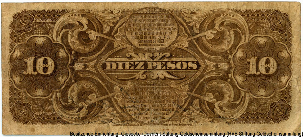 República Argentina. Banco Nacional Argentina. 10 Peso 1895.
