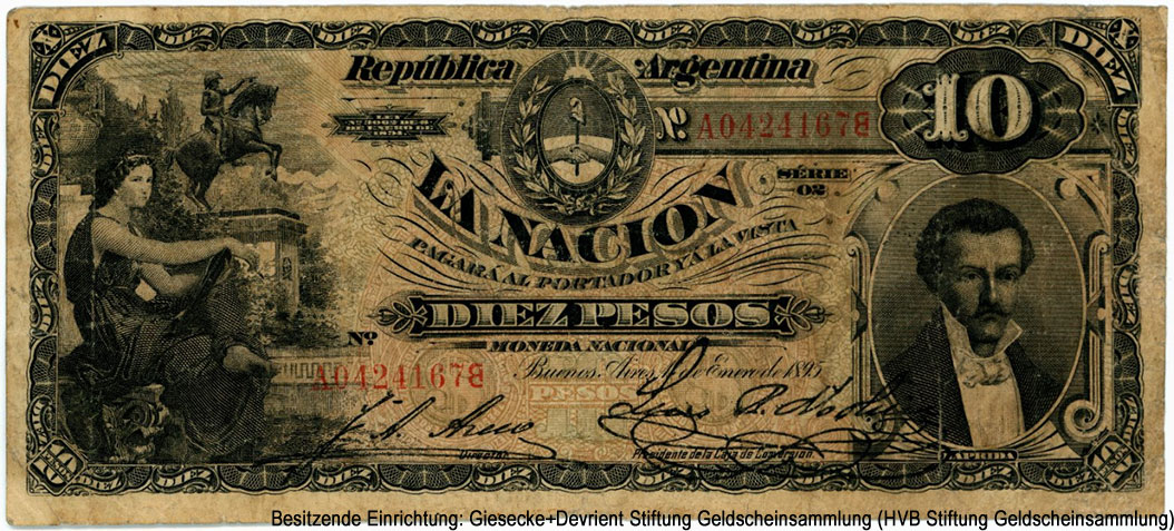 República Argentina. Banco Nacional Argentina. 10 Peso 1895.