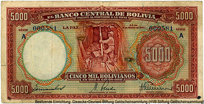 Banco Central de Bolivia 5000 Bolivianos D.S. de 16 de Marzo de 1942.