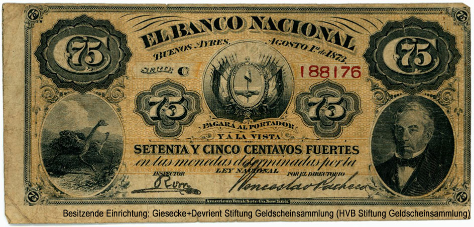 Banco de la Provincia de Buenos Aires 75 pesos Augosto 1º. de 1873.