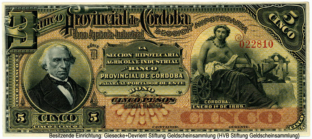 Banco Provincial de Cordoba. 10 Peso ENERO 1º DE 1889.