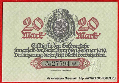 Stad Burg Bez. Magdeburg. Schein 20 Mark. 1. Dezember 1918.