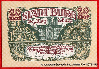 Stad Burg Bez. Magdeburg. Schein 20 Mark. 1. Dezember 1918.