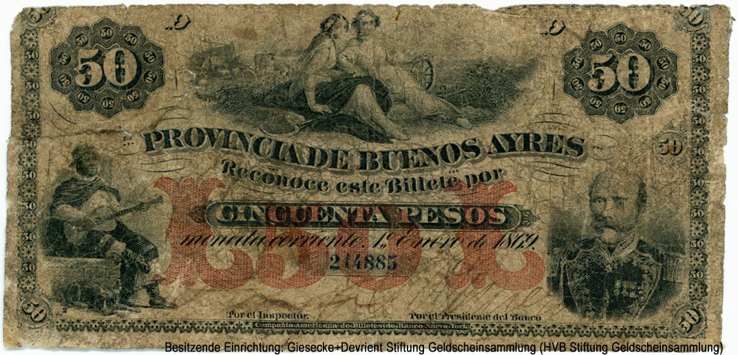Provincia de Buenos Aires 50 Peso 1º Enero de 1869.