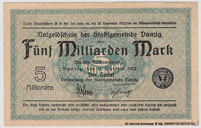 Senat, Verwaltung der Stadgemeinde Danzig. Notgeld der Stadgemeinde 5 Milliarden Mark. 11. Oktober 1923.