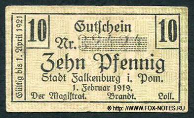 Gutschein Falkenburg i. Pom. 10 Pfennig. 1. Februar 1919.
