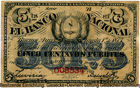 5 Centavos, Banco Nacional (Buenos Aires) Augosto 1º. de 1873.
